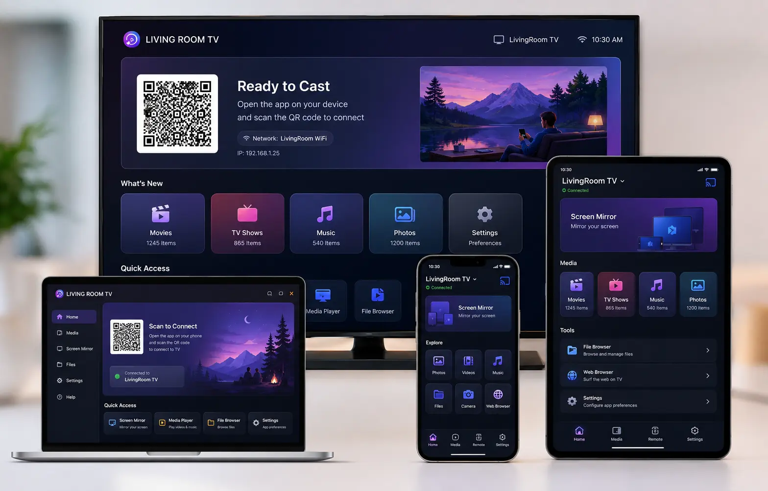 Multi-device casting software connecting TV, laptop, smartphone and tablet