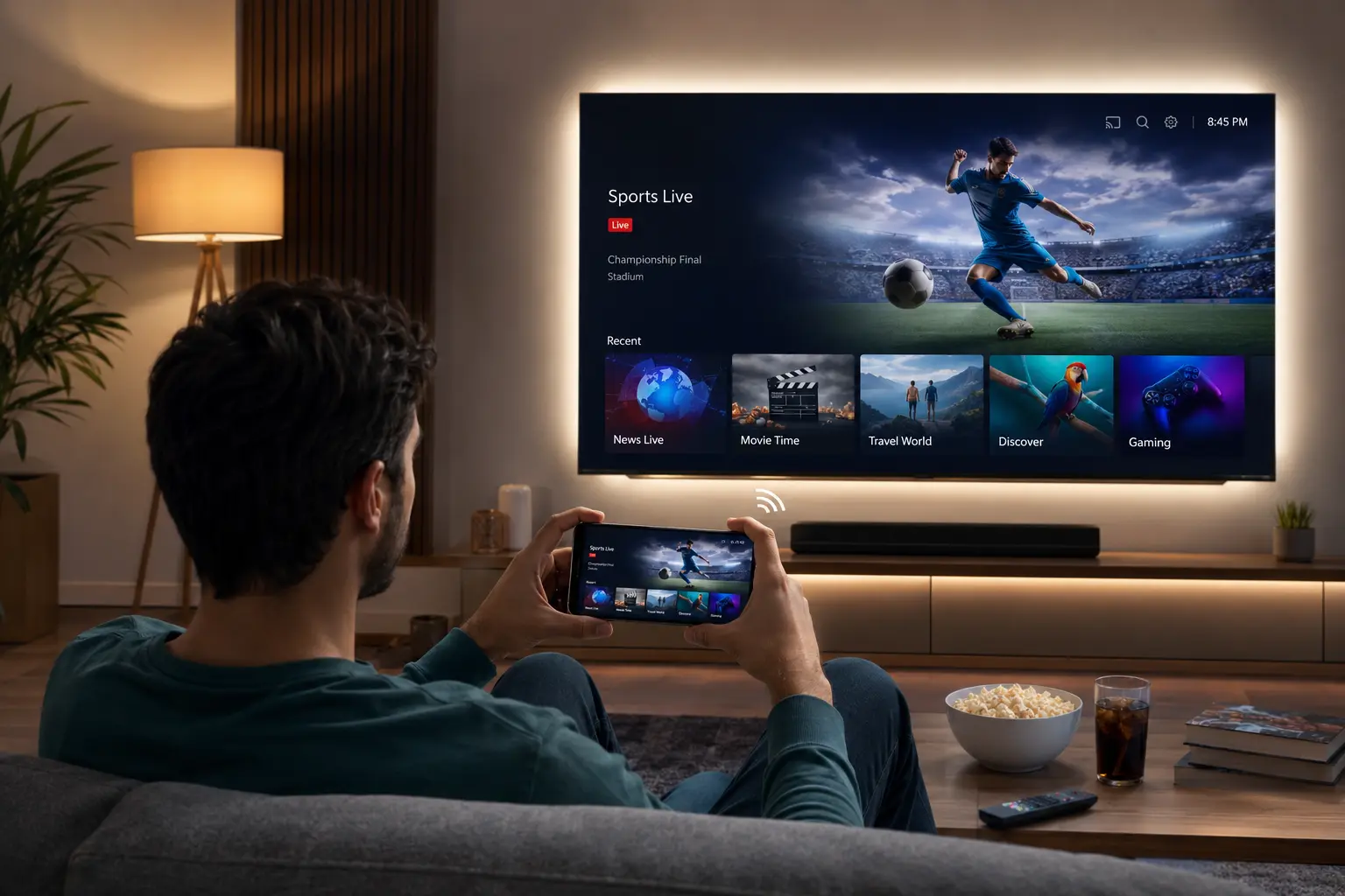 Hotel TV casting solution showing live sports streamed from a smartphone to a smart TV