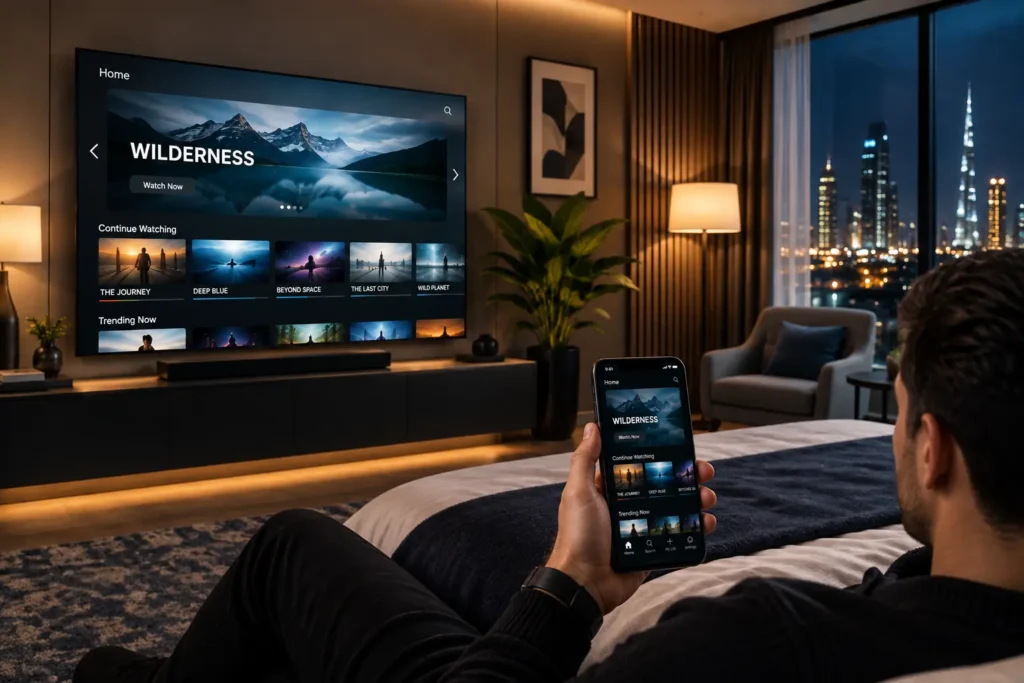 Hotel IPTV casting interface on TV and smartphone