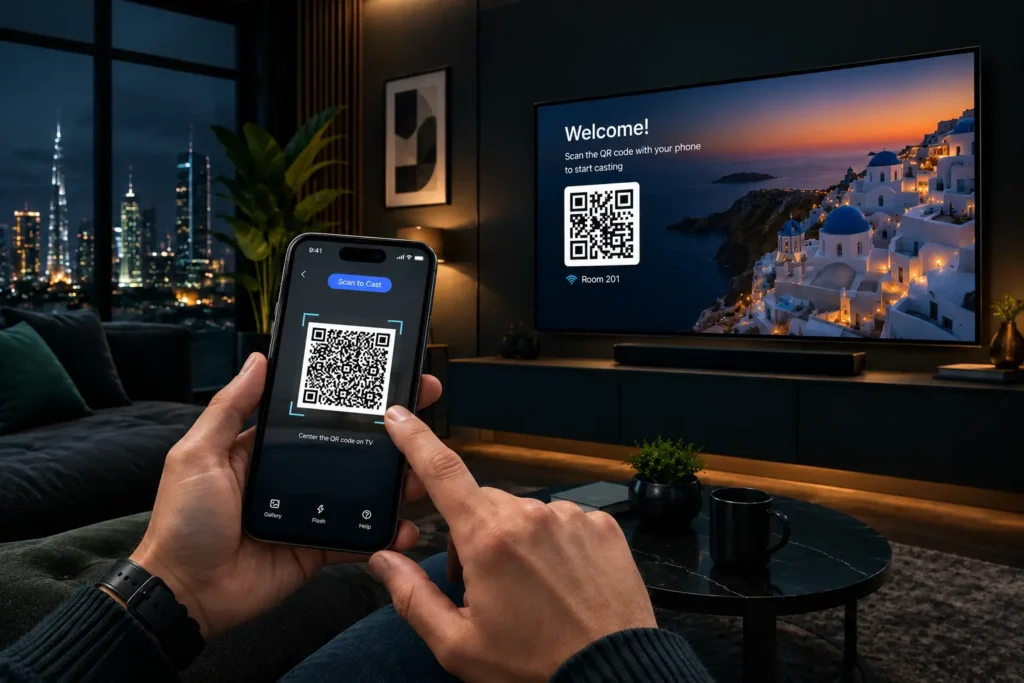 Hotel room TV casting with QR code and smartphone