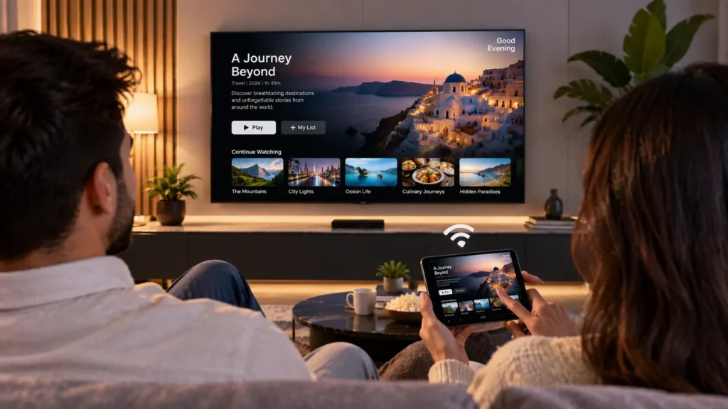 Hotel TV casting solution with smartphone streaming content to a smart TV